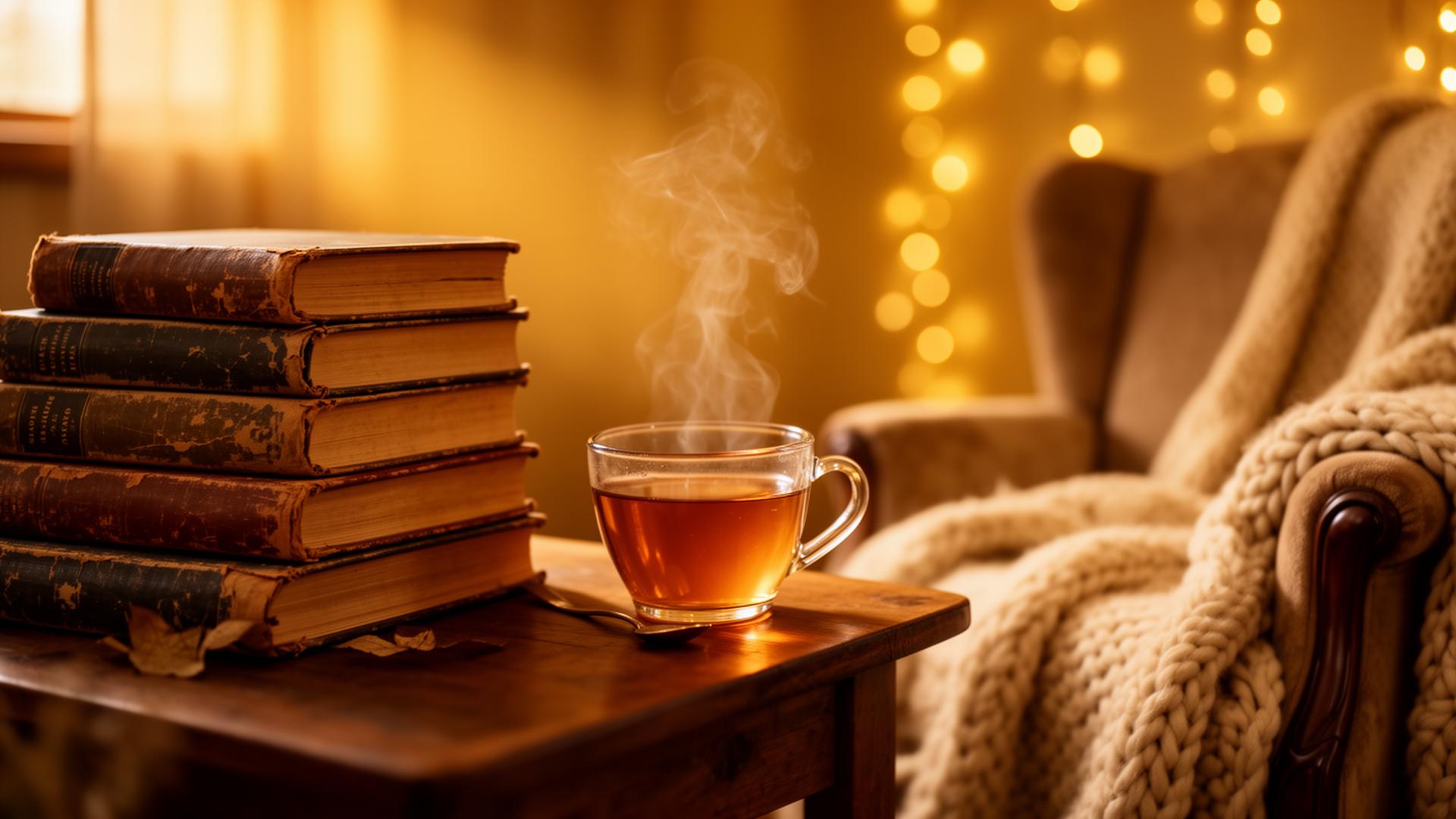 Cozy reading nook with books and tea